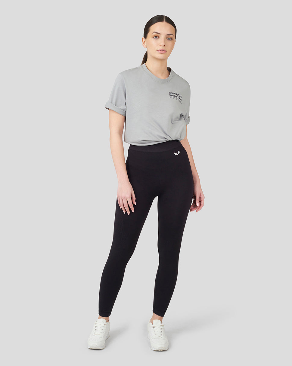 Model wearing grey Oracle Red Bull Racing Core T Shirt with chest logo and large back logo