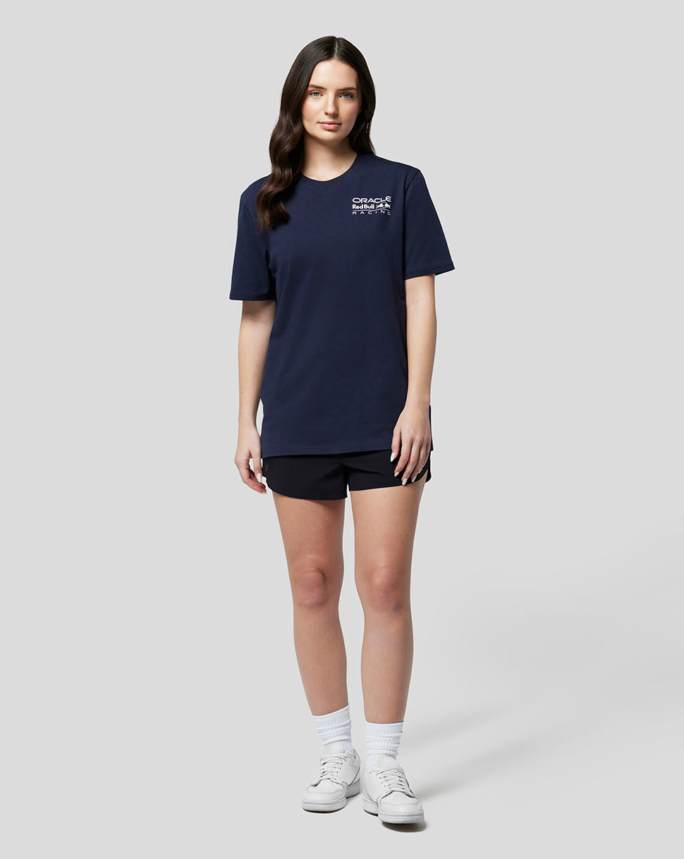 Female model wearing Night Sky navy Oracle Red Bull Racing Core T Shirt with front logo.