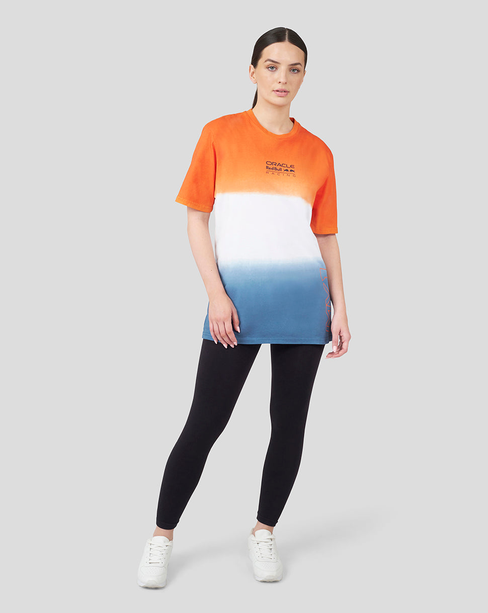 Front view of a female model in the Exotic Orange Verstappen T shirt with chest logo and dip-dye gradient