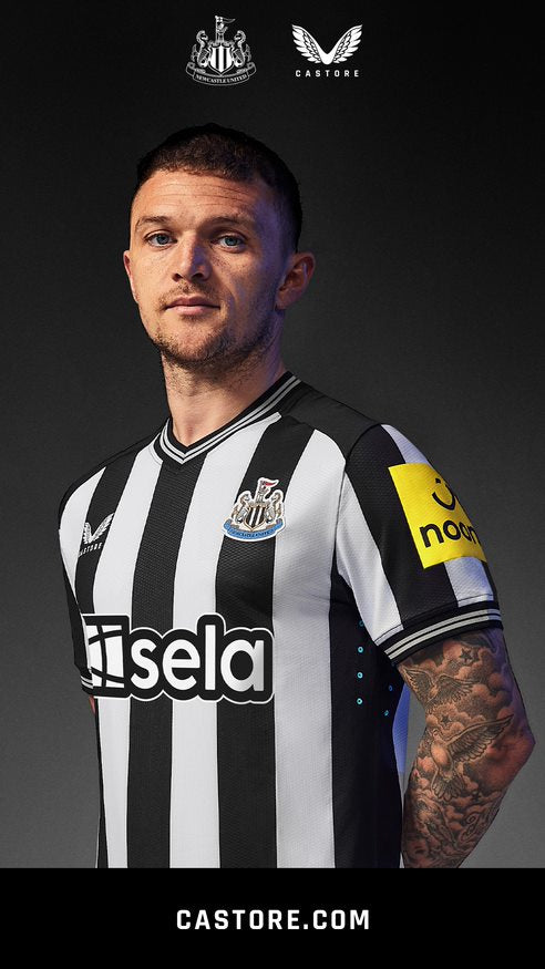 Newcastle United player in black and white striped home kit posing against a dark backdrop