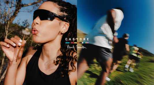 Split image of a woman in oversized sunglasses blowing a dandelion on the left and blurred runners in white on the right