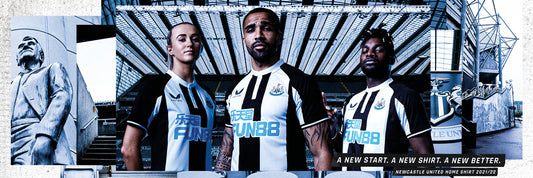 Newcastle United players wearing the 2021/22 home kit in a stadium setting for a launch feature