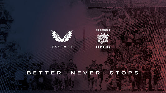 Castore HKCR partnership banner with winged logo and rugby players in a dark stylized backdrop.