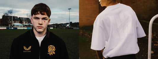 Split image showing a young man in a black jacket with a gold crest on a field beside a person from behind wearing a white oversized tee with a large back graphic.