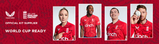 England cricket players in red IT20 kit on a Castore World Cup Ready banner.