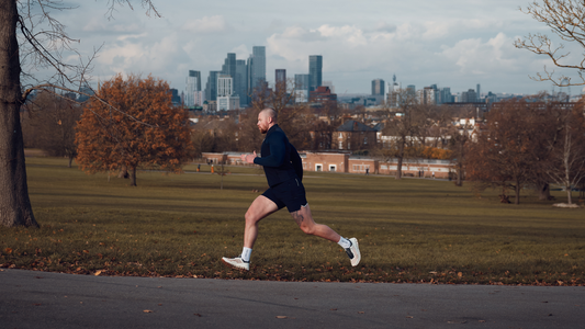 Male runner wearing a white athletic top and sunglasses runs through a park with autumn trees and a distant city skyline.