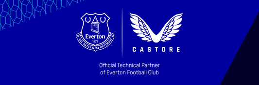 Blue banner featuring Everton and Castore logos with a vertical divider and Official Technical Partner of Everton Football Club text.