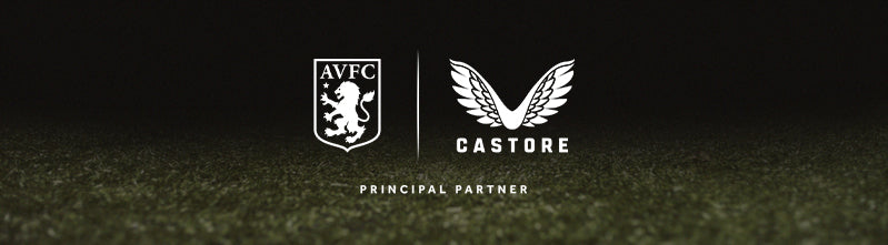 Aston Villa crest beside the Castore logo on a dark background with principal partner label.