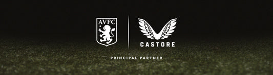 Aston Villa crest beside the Castore logo on a dark background with principal partner label.
