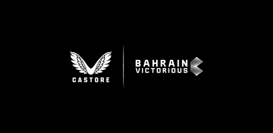 Castore and Bahrain Victorious logos on a black background with a vertical divider