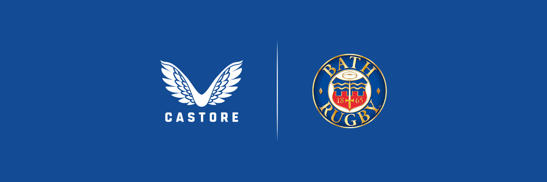 Castore and Bath Rugby partnership logo graphic on a blue background announcing a kit and retail deal