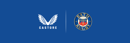 Castore and Bath Rugby partnership logo graphic on a blue background announcing a kit and retail deal