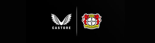 Castore and Bayer 04 Leverkusen logos side by side on a black background