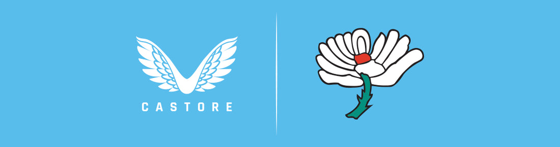 Castore branding beside the Yorkshire County Cricket Club emblem on a blue banner.