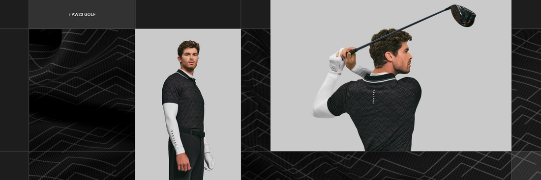 Castore golf collection featuring two models in black textured polo with white sleeves against a gray backdrop