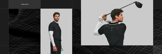 Castore golf collection featuring two models in black textured polo with white sleeves against a gray backdrop