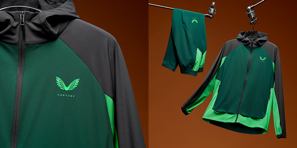 Green and black Flex Collection athleisure jackets displayed against a brown backdrop with garments hanging and a close up of a jacket.
