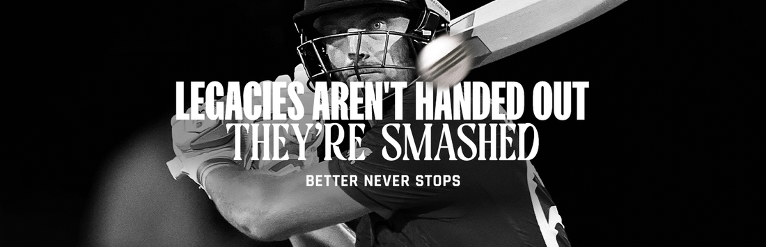 Black and white image of a cricketer swinging a bat during a match with bold typography overlay.