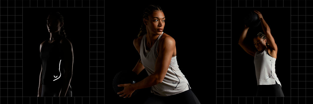 Three panel collage of athletes in Castore gear against a dark backdrop with grid borders.