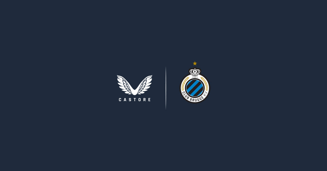 Castore and Club Brugge partnership banner with logos on a dark blue background separated by a vertical line.