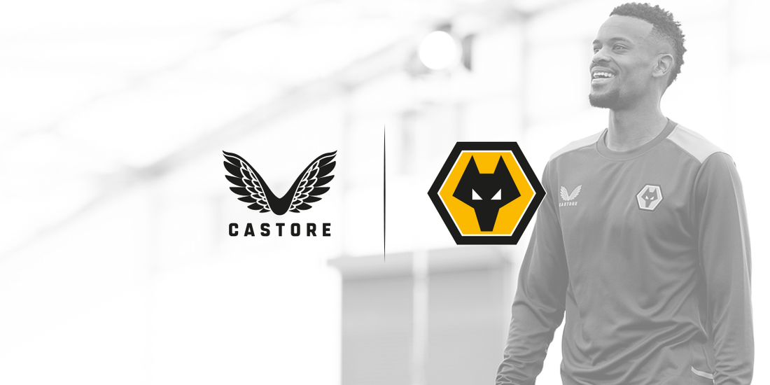 Promotional banner with Castore and Wolverhampton Wanderers logos and a smiling athlete in a Wolves kit