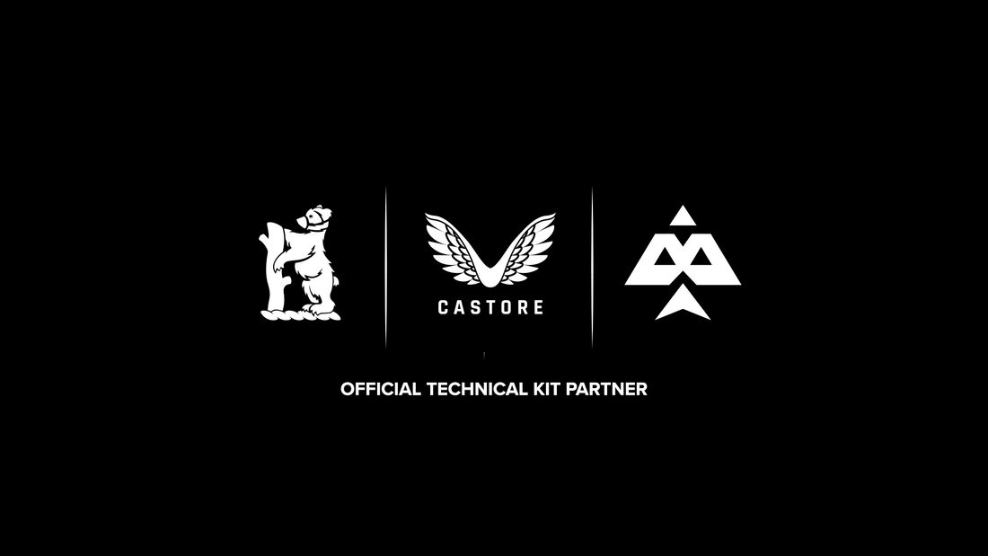 Official technical kit partner logos on a black background showing Warwickshire crest Castore wings and a geometric emblem