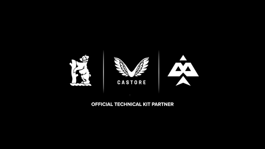 Official technical kit partner logos on a black background showing Warwickshire crest Castore wings and a geometric emblem