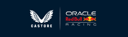 CASTORE winged logo beside Oracle Red Bull Racing emblem on a dark blue background.
