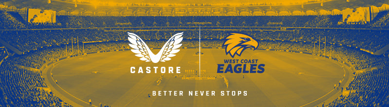 Castore and West Coast Eagles logos on a stadium banner with the Better Never Stops slogan.