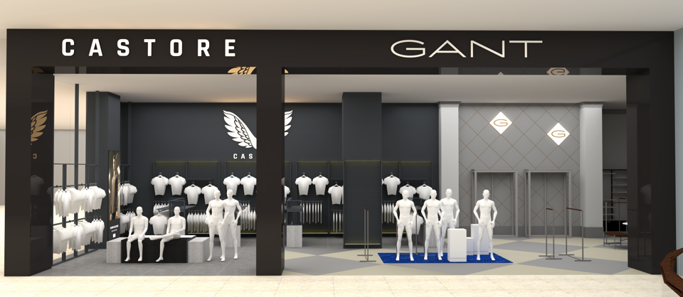 Dubai Mall Castore store entrance with mannequins and clothing displays under Castore and GANT branding.