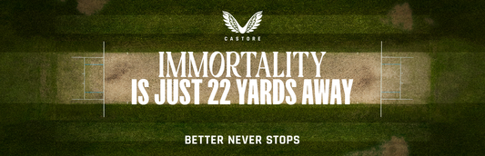 Cricket banner featuring a winged logo and bold white lettering across a grass field background.