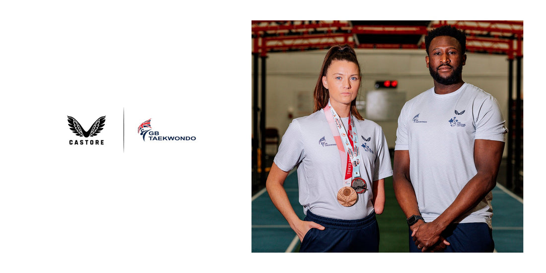 Two GB Taekwondo athletes in Castore shirts pose with medals in a training hall, with Castore and GB Taekwondo logos visible.