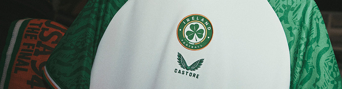 Ireland national football team hype kit by Castore with green sleeves and clover crest
