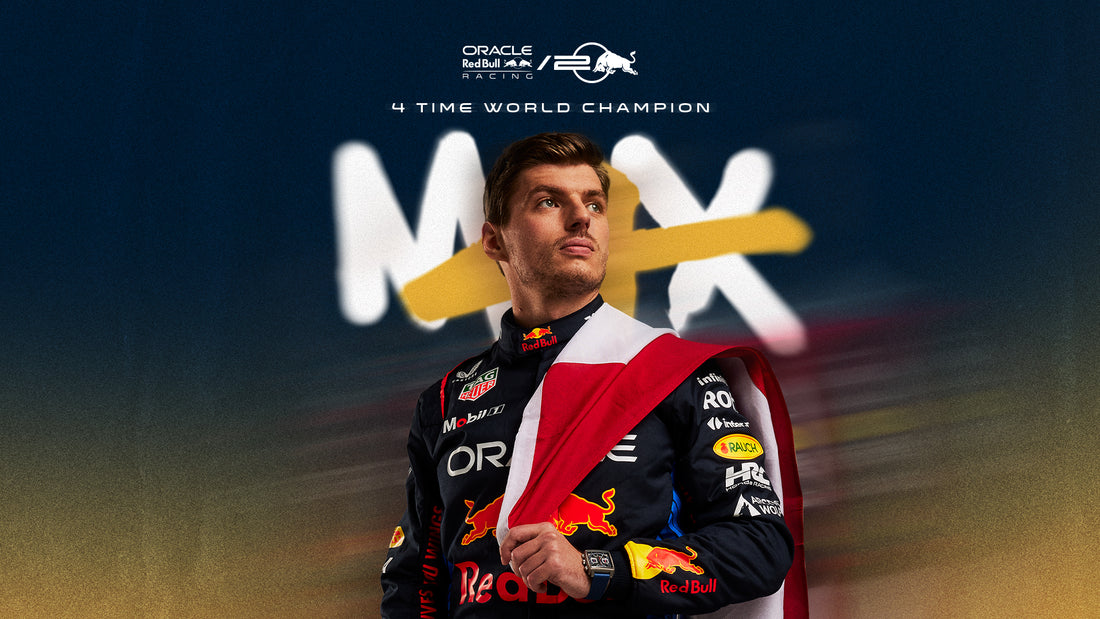 Max Verstappen in a Red Bull racing suit with a large MAX graphic in the background
