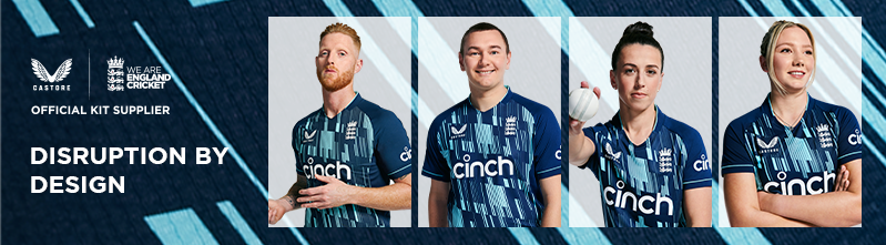 Four athletes in blue England cricket kits pose in a banner with official kit logos.