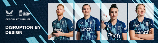 Four athletes in blue England cricket kits pose in a banner with official kit logos.