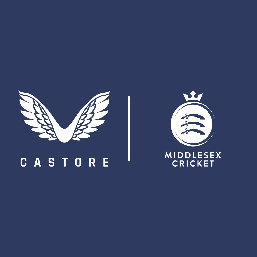 Castore and Middlesex Cricket partnership logos on a navy background.