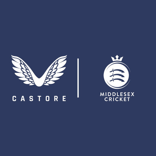 Castore and Middlesex Cricket partnership logos on a navy background.