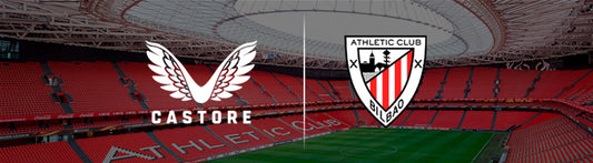 Castore logo beside Athletic Club Bilbao crest on a stadium backdrop.