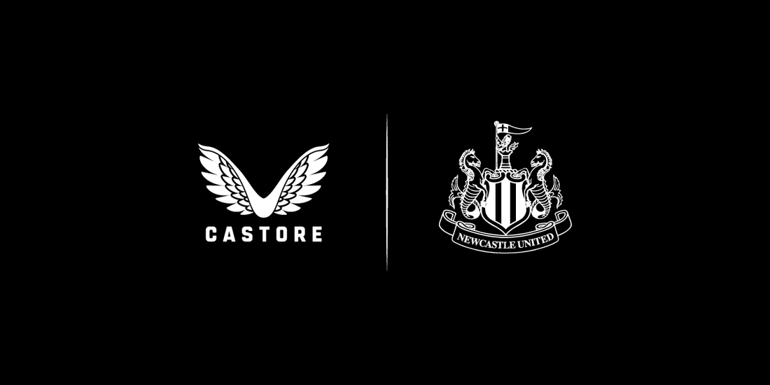 Castore logo with winged emblem beside the Newcastle United crest on a black background