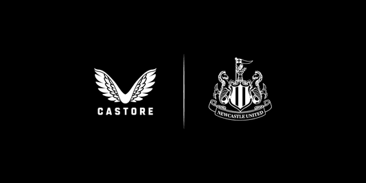 Castore logo with winged emblem beside the Newcastle United crest on a black background
