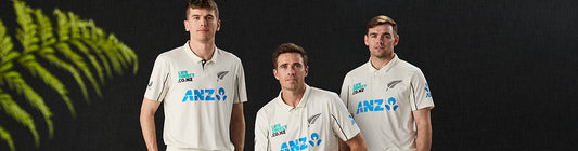 Three athletes wearing Castore New Zealand Cricket 2024/25 kits with blue ANZ logos.