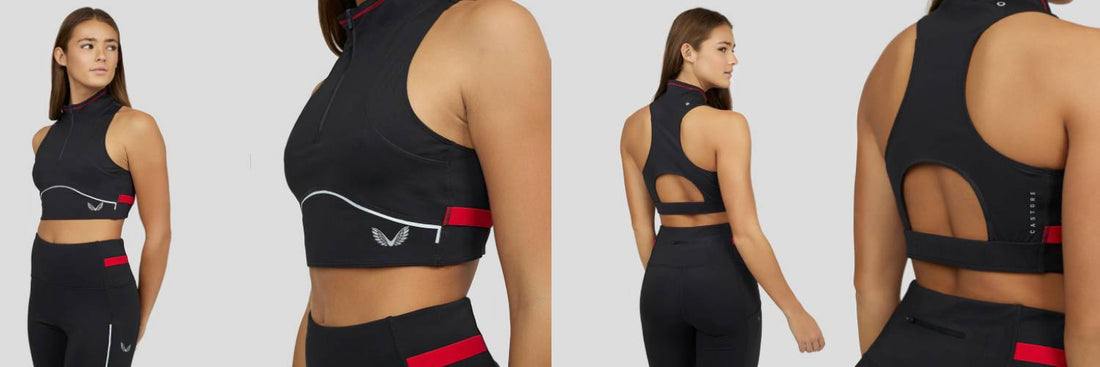 Three panel shot of black athletic running outfits on a gray backdrop for Ultrarun guide