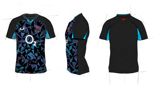 Front and side views of England rugby 25/26 alternate jersey with blue black geometric pattern turquoise sleeves rose crest Castore logo and O2 sponsor