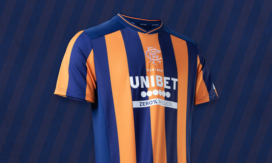 Blue and orange striped football jersey on a torso against a blue striped backdrop with UNIBET sponsor.