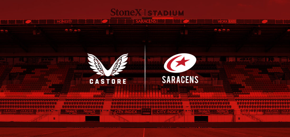 Castore and Saracens logos displayed on a stadium backdrop at StoneX Stadium