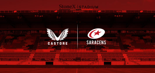 Castore and Saracens logos displayed on a stadium backdrop at StoneX Stadium