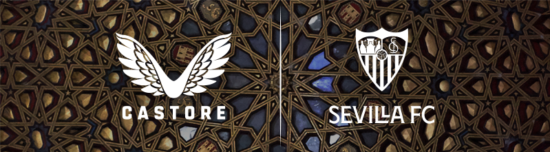 Castore and Sevilla FC logos side by side on an ornate patterned backdrop.