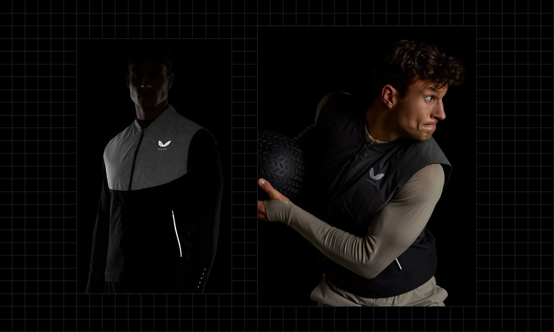 Two athletes in Castore running gear against a black grid backdrop; left in a patterned jacket, right captured mid run