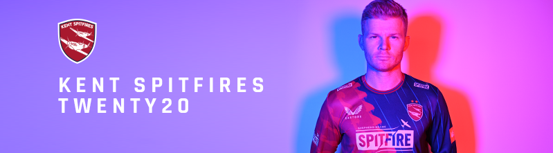 Kent Spitfires Twenty20 kit reveal showing a player in a purple and pink gradient jersey with the club crest